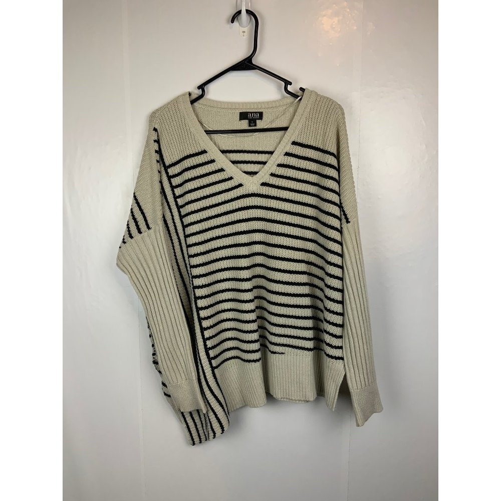 A.n.a. Womens Sweater Size L Striped V neck Long sleeve tunic style Black Beige